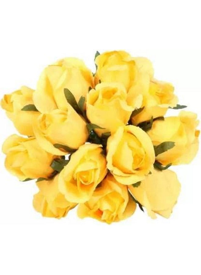 Set Of 12 Artificial Rose Flowers Bunches For Vase (24 Cm,Yellow) Home Decoration Gift Items For Living Room Corner Table Top Bedroom Wedding Party Events (Pot Not Included) Polyester