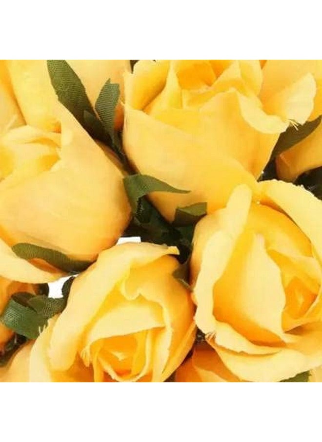 Set Of 12 Artificial Rose Flowers Bunches For Vase (24 Cm,Yellow) Home Decoration Gift Items For Living Room Corner Table Top Bedroom Wedding Party Events (Pot Not Included) Polyester