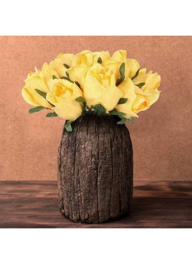 Set Of 12 Artificial Rose Flowers Bunches For Vase (24 Cm,Yellow) Home Decoration Gift Items For Living Room Corner Table Top Bedroom Wedding Party Events (Pot Not Included) Polyester