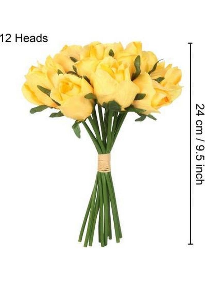 Set Of 12 Artificial Rose Flowers Bunches For Vase (24 Cm,Yellow) Home Decoration Gift Items For Living Room Corner Table Top Bedroom Wedding Party Events (Pot Not Included) Polyester