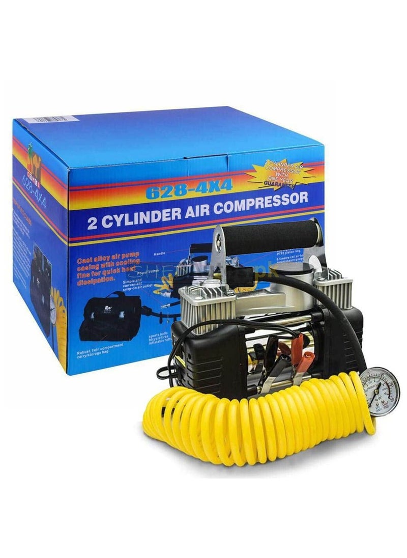 628 4x4 Double Cylinder Tyre Inflator Portable Air Compressor Extension Coil air Hose with Pressure Gauge