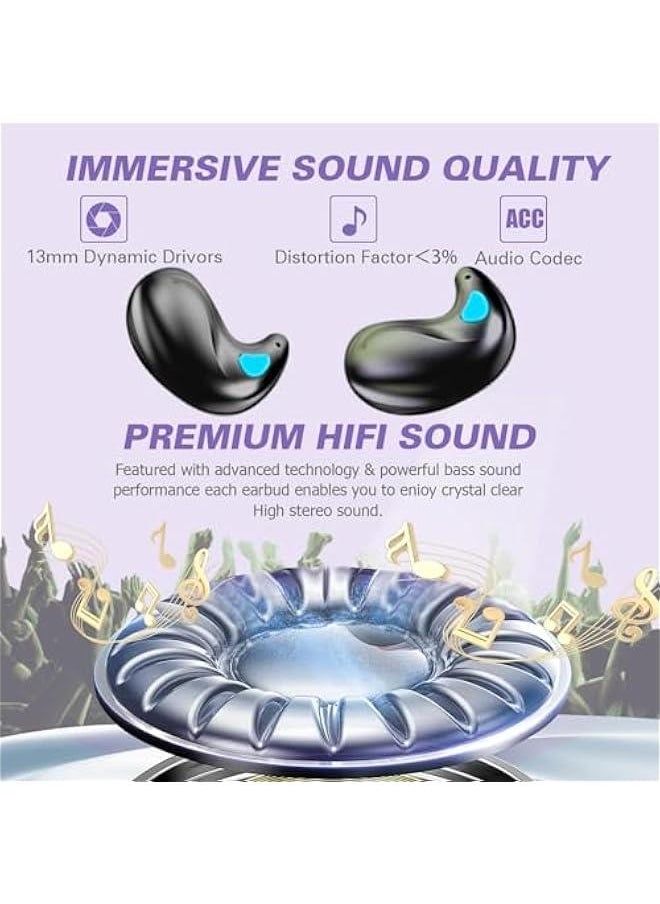 Invisible Sleep Wireless Earphone IPX5 Waterproof Purple Wireless Thin Invisible Sleep Earbuds for Side Sleepers Ear Buds Smallest Tiny Small Mini Discreet Earbud for Sleeping Invisible Headphones