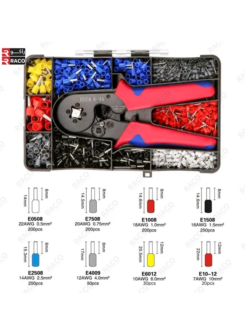 RACO Giffex Crimping Plier Set (0.25-10mm²) with 1200 Ferrule Connectors – Self-Adjusting Ratchet Bootlace Crimping Tool for Electrical Cable Lugs
