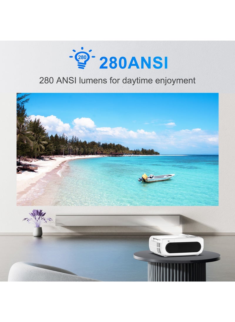 Smart Portable Projector Android11 4K Full HD Resolution 1080P WiFi6 BT5.4 Auto 4-Point Keystone Correction White