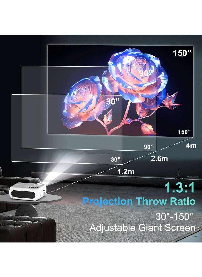 Smart Portable Projector Android11 4K Full HD Resolution 1080P WiFi6 BT5.4 Auto 4-Point Keystone Correction White