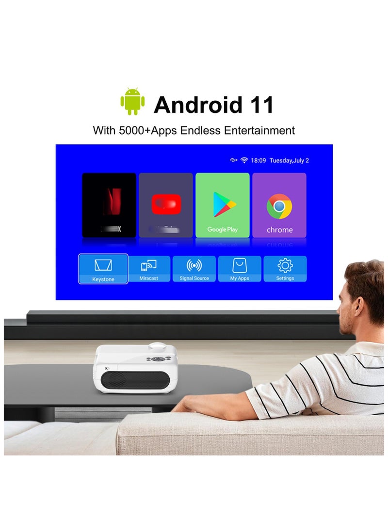 Smart Portable Projector Android11 4K Full HD Resolution 1080P WiFi6 BT5.4 Auto 4-Point Keystone Correction White