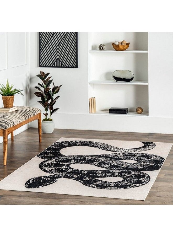 Modern Slithering Serpent Machine Washable Area Rug 4' X 6' Black