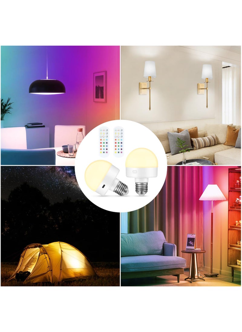 E27 LED Light Bulbs, Rechargeable & Dimmable Light Bulbs with Remote Control, RGB Colorful Changing, Timing Function, Magnetic Detachable Battery Operated Bulb, 2 Pack