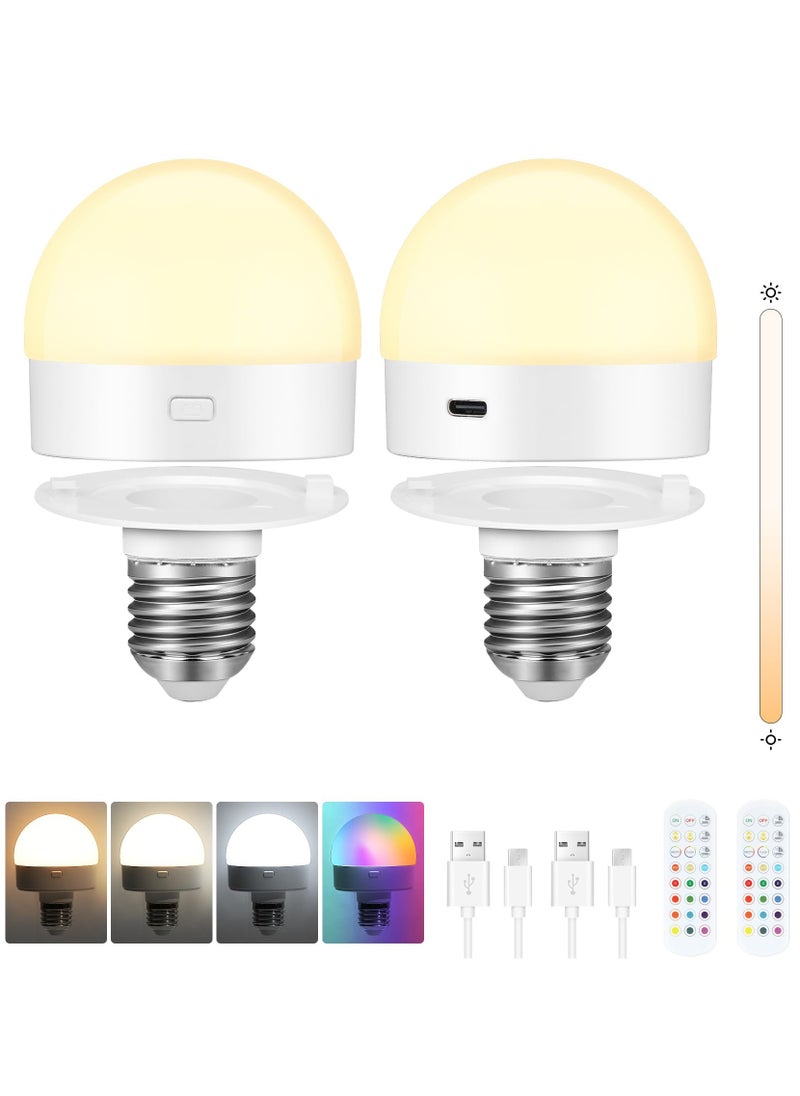 E27 LED Light Bulbs, Rechargeable & Dimmable Light Bulbs with Remote Control, RGB Colorful Changing, Timing Function, Magnetic Detachable Battery Operated Bulb, 2 Pack