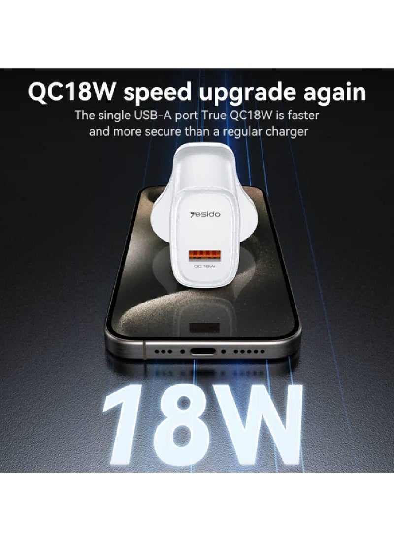 YC85C Overspeed Fast Charge Fireproof Material QC18W Single A UK Charger With A To C Cable