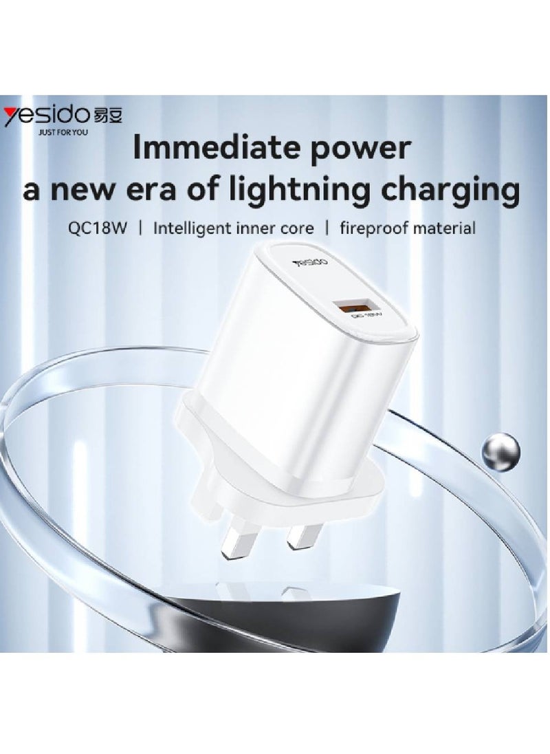 YC85C Overspeed Fast Charge Fireproof Material QC18W Single A UK Charger With A To C Cable