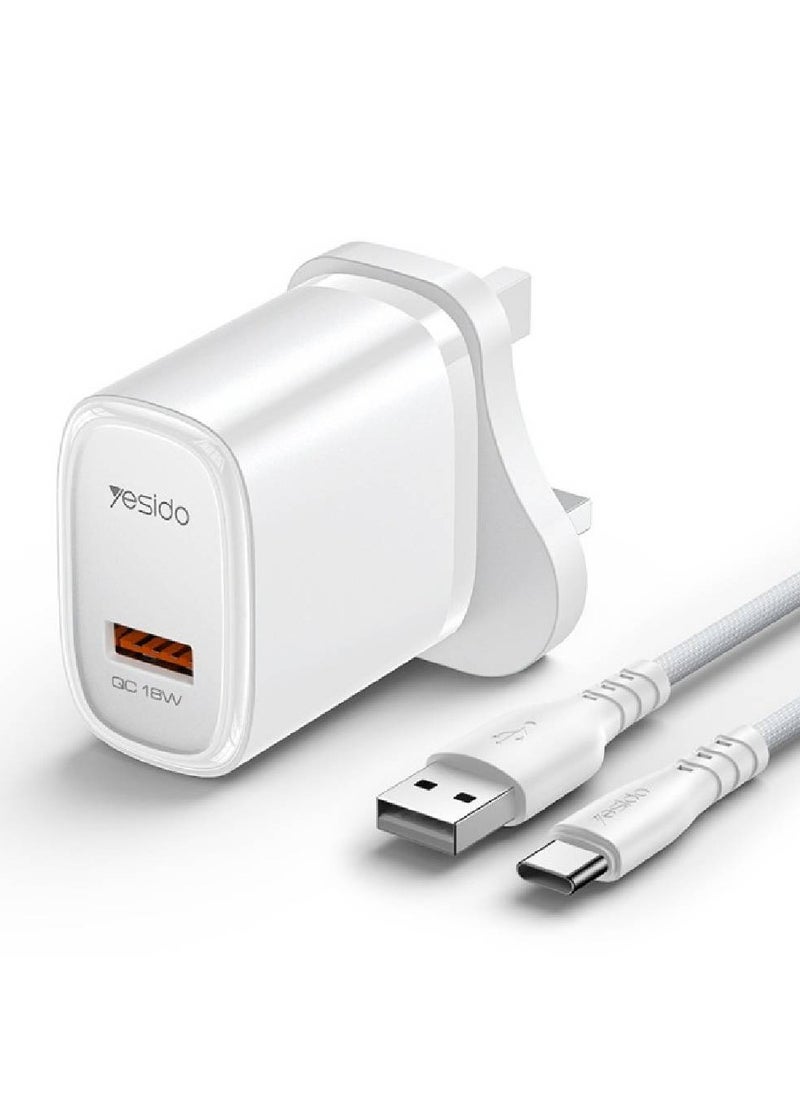 YC85C Overspeed Fast Charge Fireproof Material QC18W Single A UK Charger With A To C Cable