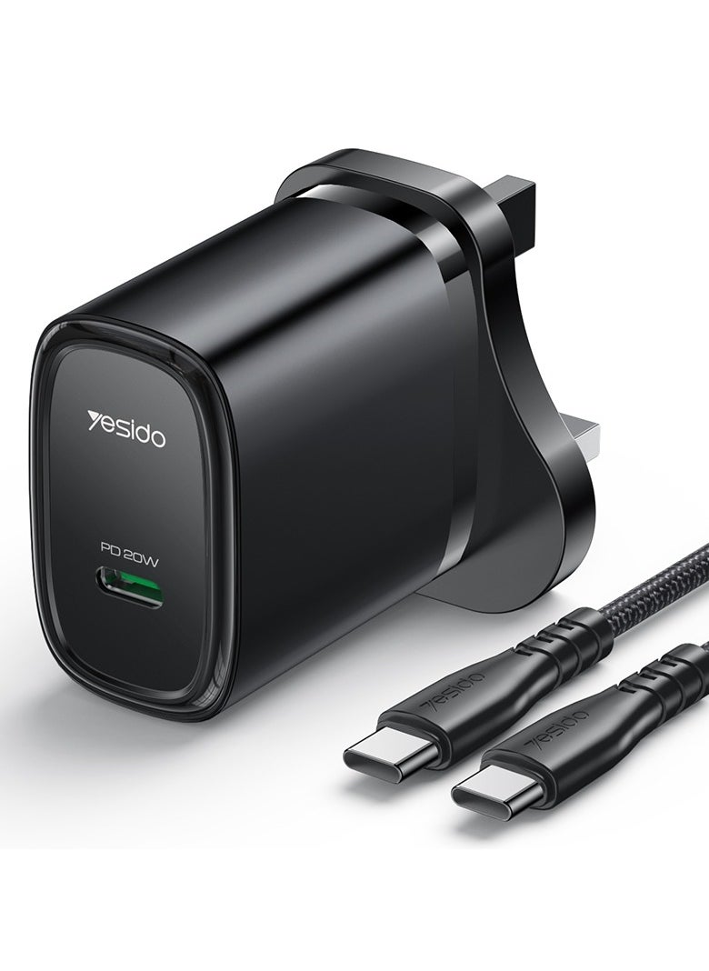 Yesido YC76BC PD 20W USB-C / Type-C Port Quick Charger with Type-C to Type-C Cable, UK Plug (Black)