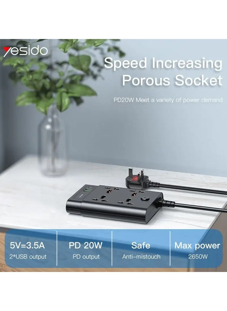 YESIDO MC11 2 Meter Long multi port home using Pull up Max 2650W Power track power socket