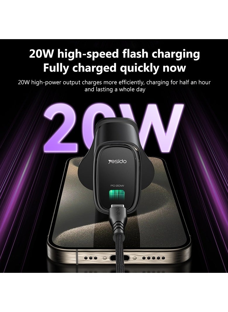 Yesido YC76BC PD 20W USB-C / Type-C Port Quick Charger with Type-C to Type-C Cable, UK Plug (Black)