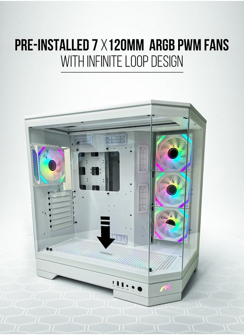 Tortox Prism Triple Glass Panel ATX/M-ATX Gaming PC Case with 7*ARGB PWM Fans, Type-C USB Port, Supports 360MM Radiator, 7 Expansion Slot, Included GPU stand- PC Case (WHITE)