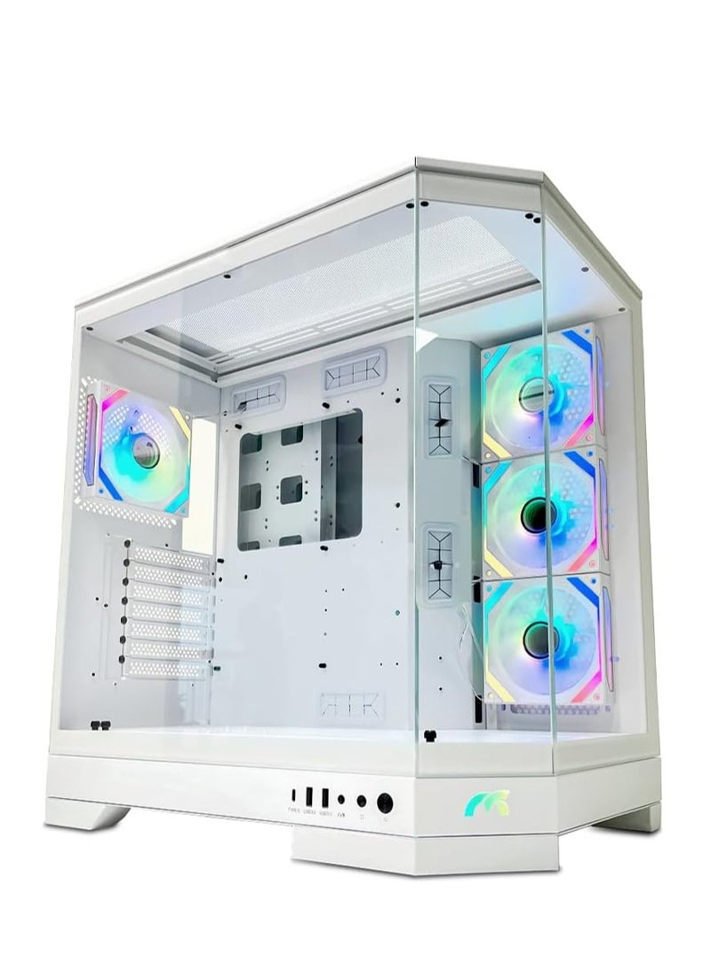 Tortox Prism Triple Glass Panel ATX/M-ATX Gaming PC Case with 7*ARGB PWM Fans, Type-C USB Port, Supports 360MM Radiator, 7 Expansion Slot, Included GPU stand- PC Case (WHITE)