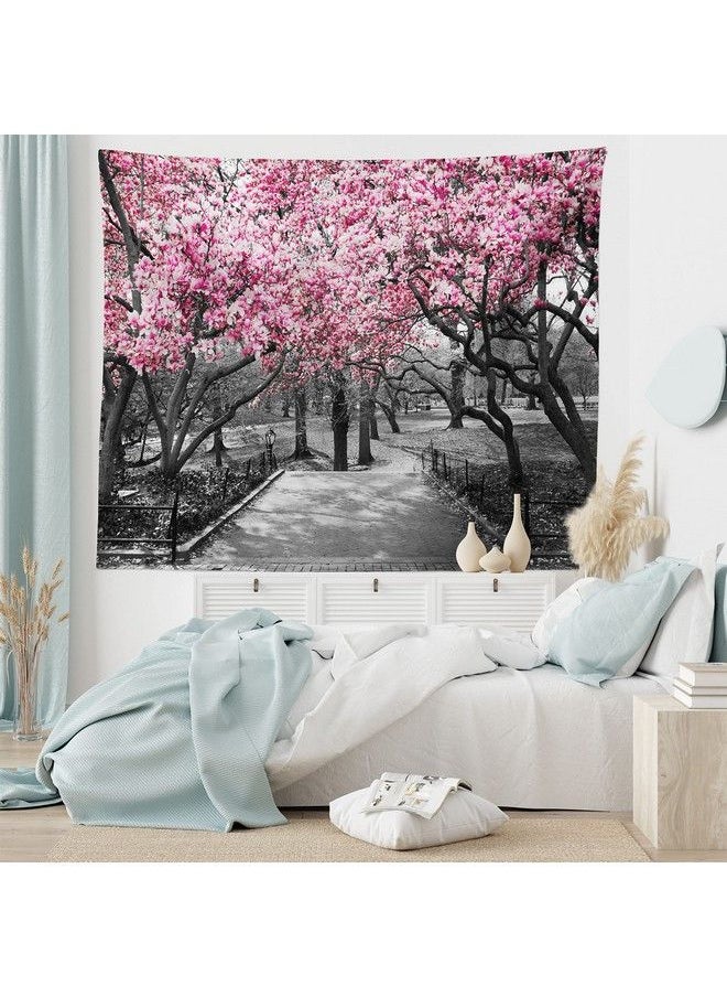 Nyc Tapestry Queen Size Blossoms In Central Park Landscape Cherry Trees Forest Spring Season Picture Wall Hanging Bedspread Bed Cover Wall Decor Queen Size Magenta Grey