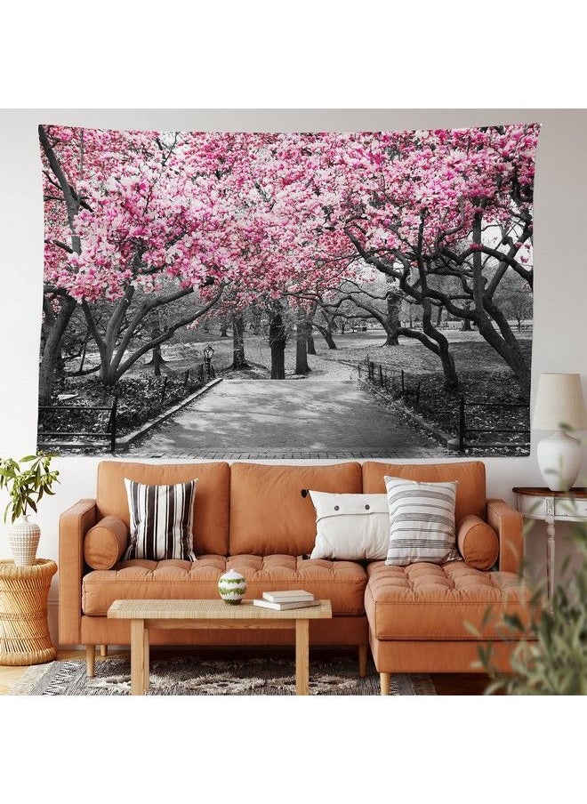 Nyc Tapestry Queen Size Blossoms In Central Park Landscape Cherry Trees Forest Spring Season Picture Wall Hanging Bedspread Bed Cover Wall Decor Queen Size Magenta Grey