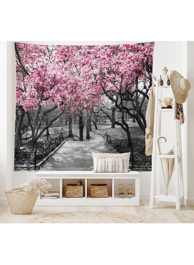 Nyc Tapestry Queen Size Blossoms In Central Park Landscape Cherry Trees Forest Spring Season Picture Wall Hanging Bedspread Bed Cover Wall Decor Queen Size Magenta Grey