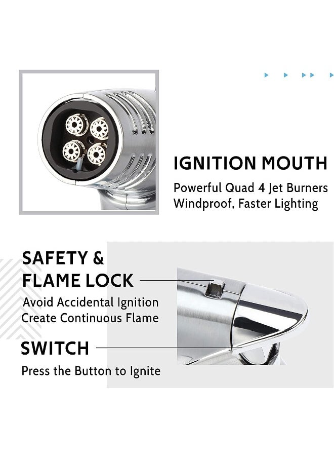 ALSAQER-Jobon 4 Jet Flame Windproof Butane Gas Lighter-Bakhoor Charcoal Lighter-Jobon Torch Lighter-BBQ Lighter (Gas not Included)-(Silver)