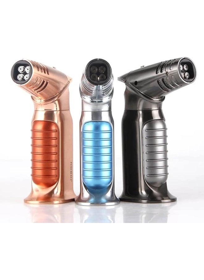 ALSAQER-Jobon 4 Jet Flame Windproof Butane Gas Lighter-Bakhoor Charcoal Lighter-Jobon Torch Lighter-BBQ Lighter (Gas not Included)-(Silver)