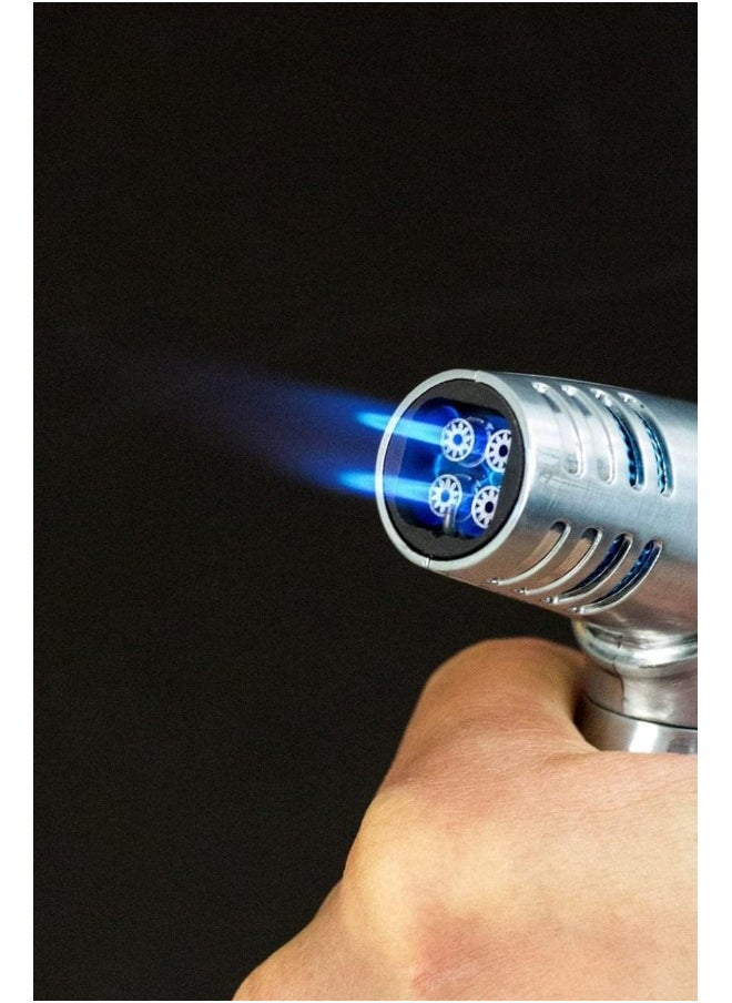 ALSAQER-Jobon 4 Jet Flame Windproof Butane Gas Lighter-Bakhoor Charcoal Lighter-Jobon Torch Lighter-BBQ Lighter (Gas not Included)-(Silver)