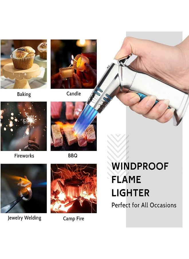 ALSAQER-Jobon 4 Jet Flame Windproof Butane Gas Lighter-Bakhoor Charcoal Lighter-Jobon Torch Lighter-BBQ Lighter (Gas not Included)-(Silver)