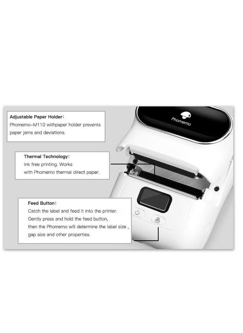 Bluetooth Label Maker Machine- M110 Portable Mini Thermal Barcode Label Maker for Business Labeling, Barcode, Office, Cable, Retail, Compatible with Android & iOS, White