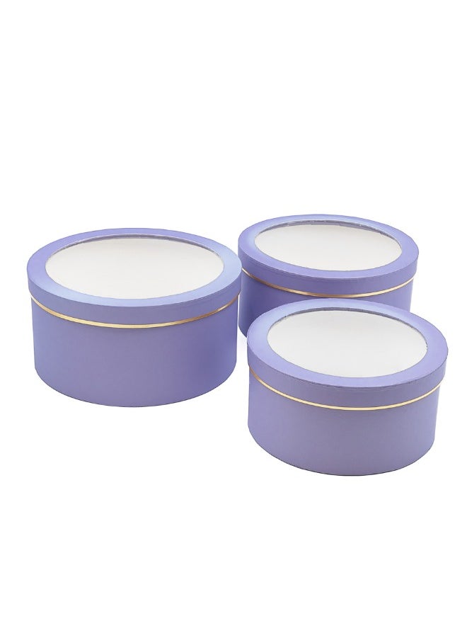 Gulf Flowers 3pcs Purple Round Gift Box Set with Clear Lid – 24x12cm, 23x11cm, 20.4x10cm – Elegant Packaging for Flowers, Chocolates, Hampers & Gift Displays