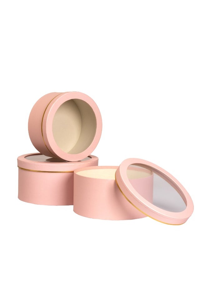 Gulf Flowers 3pcs Pink Round Gift Box with Clear Window Lid – 24x12cm, 23x11cm, 20.4x10cm – Elegant Packaging for Bouquets, Gifts, Chocolates & Event Decorations