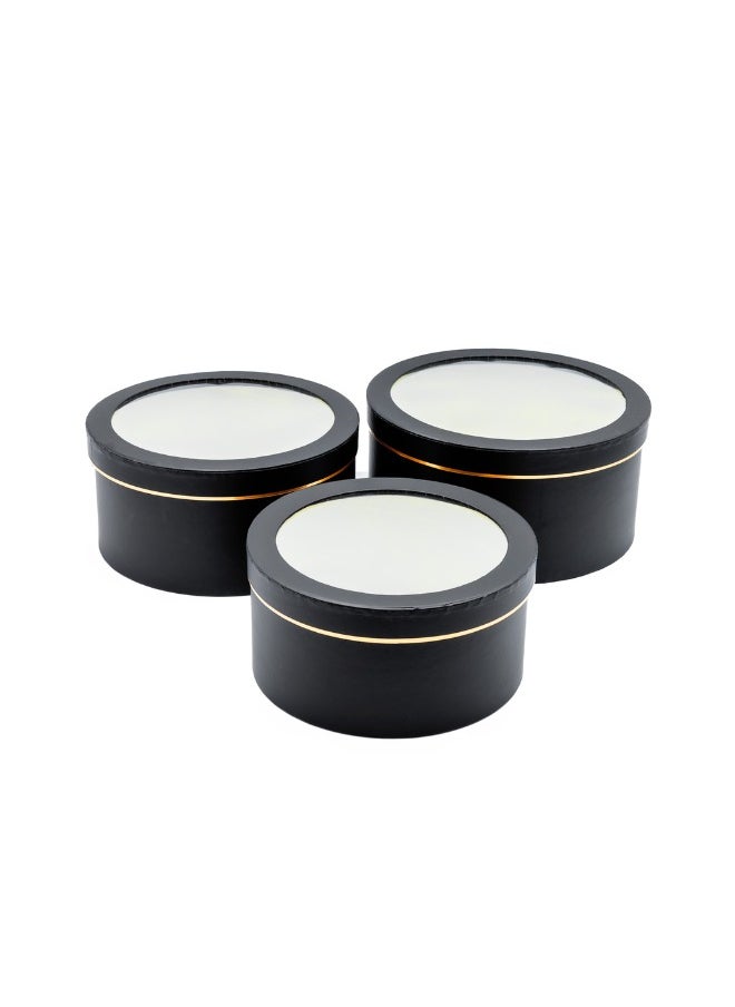 Gulf Flowers 3pcs Black Flower Box with Window – Round Gift Boxes 24x12cm, 23x11cm & 20.4x10cm for Bouquets, Gift Packaging, Chocolate Arrangements, Events & Decoration