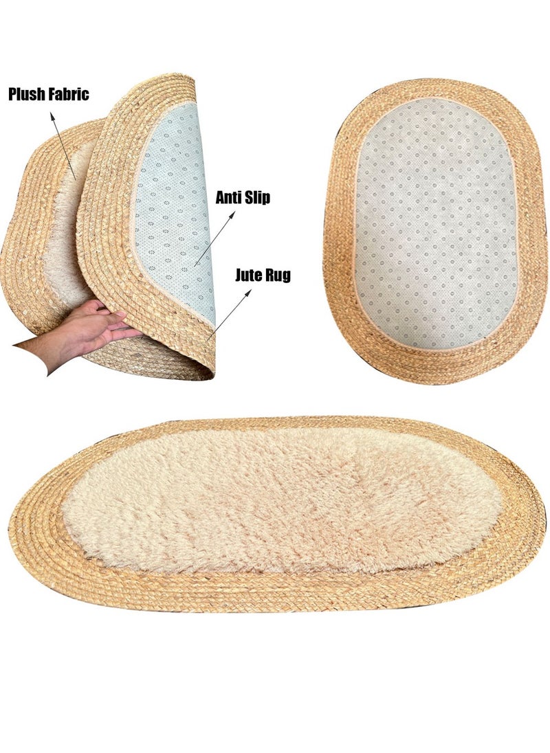 Oval Jute and Plush Area Rug | Natural Fiber Carpet for Living Room, Bedroom & Nursery | Soft, Eco-Friendly Floor Decor