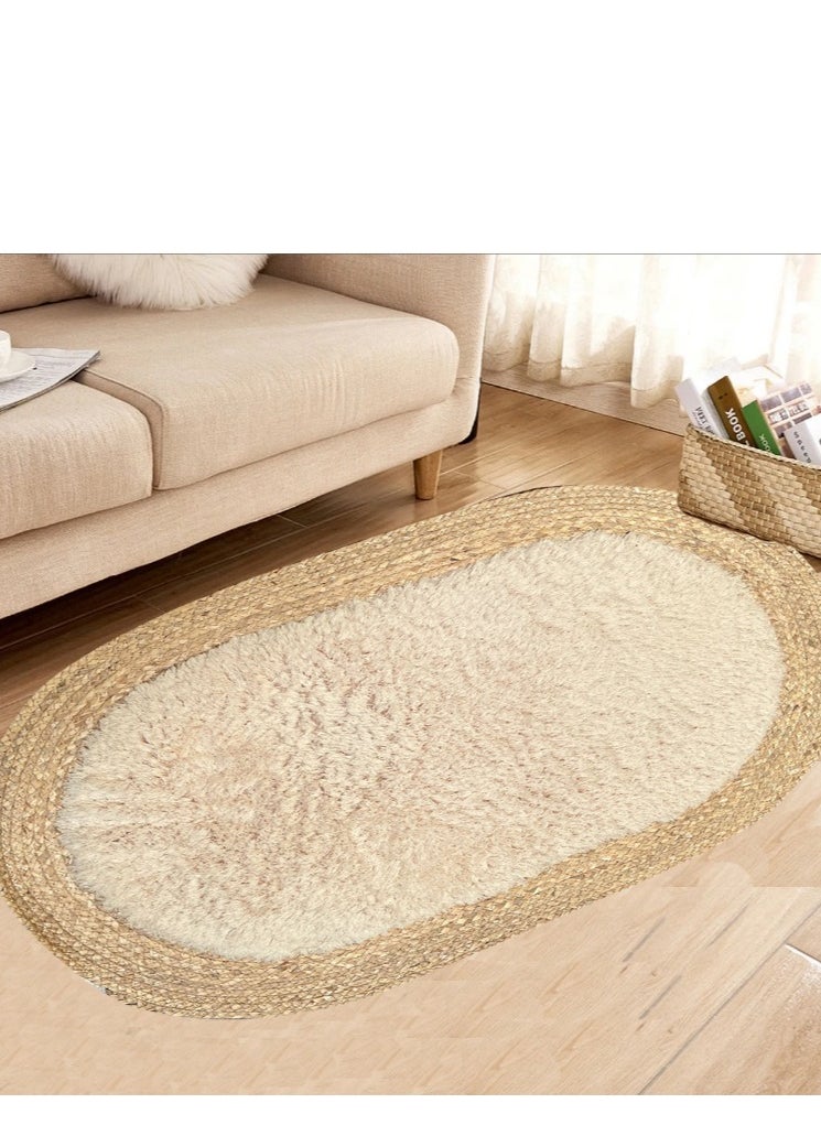 Oval Jute and Plush Area Rug | Natural Fiber Carpet for Living Room, Bedroom & Nursery | Soft, Eco-Friendly Floor Decor