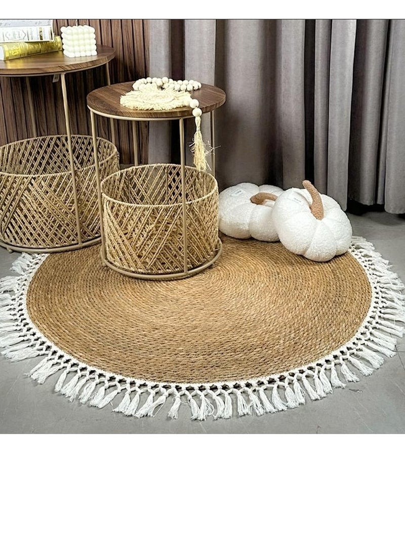 Round Handwoven Jute Braided Area Rug - Rustic Vintage Beige Reversible Carpet, Boho Farmhouse Charm for Living Room, Bedroom, Kitchen - Natural Jute Decor