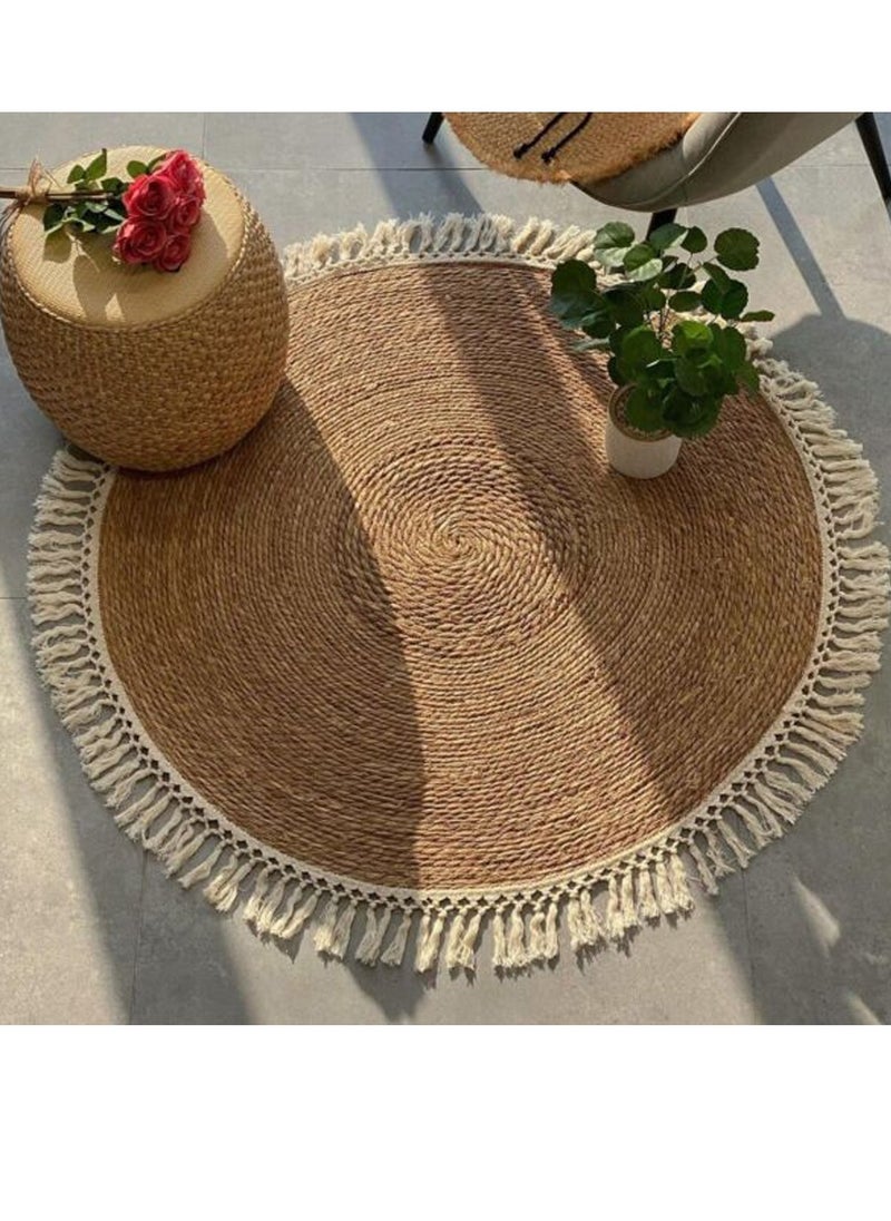 Round Handwoven Jute Braided Area Rug - Rustic Vintage Beige Reversible Carpet, Boho Farmhouse Charm for Living Room, Bedroom, Kitchen - Natural Jute Decor