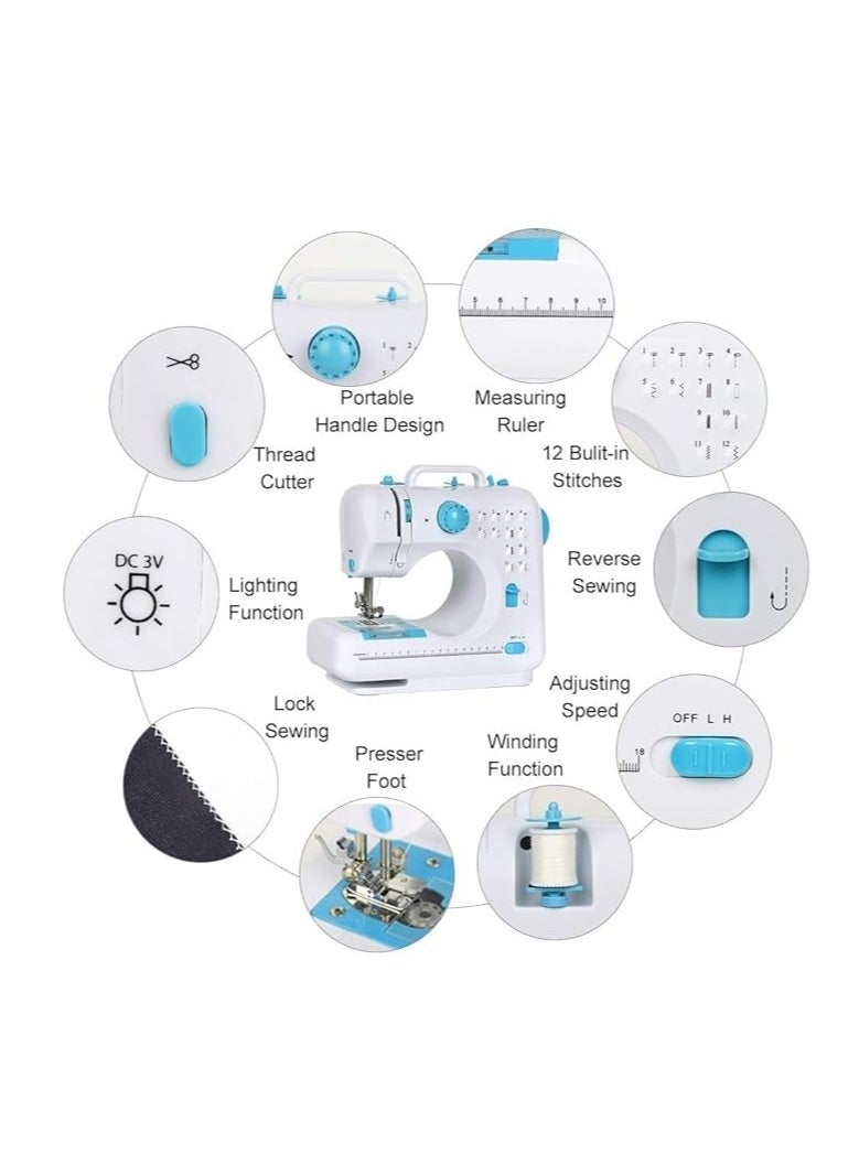 Sewing Machine Portable mini Electric Sewing Machine for beginners 12 Built-in Stitches 2 Speed with Foot Pedal，Light, Storage Drawer-Blue