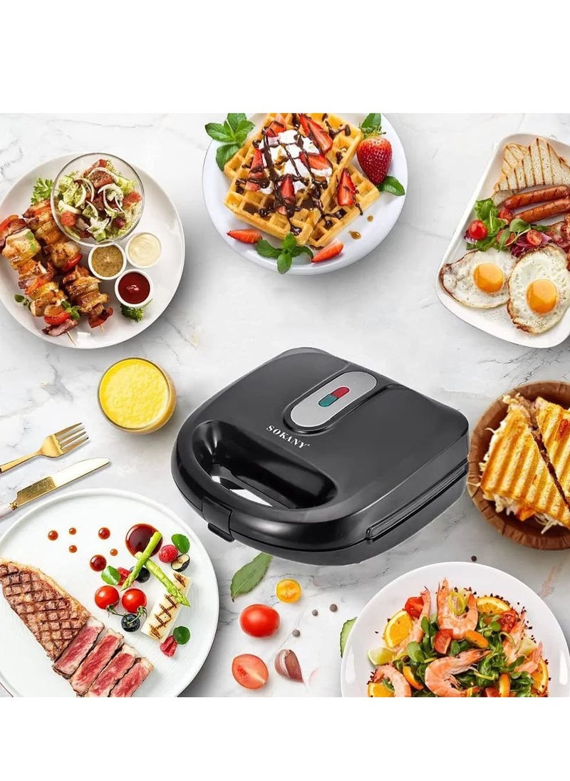 750W Sandwich Maker, Waffle Maker Set with 6 Removable Non-Stick Plates, Portable Handle, LED Indicator Lights, for Breakfast Sandwiches Mini Waffles Bacon and Steak, Black (6 IN 1)