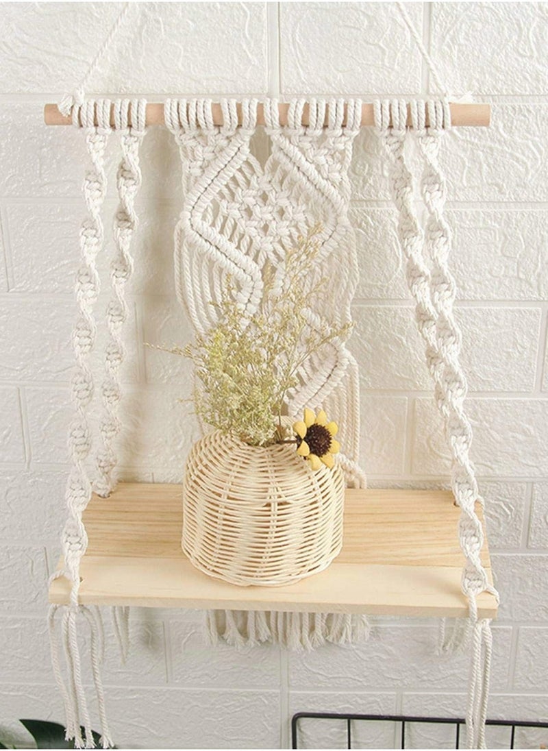 Wall Hanging Shelf Boho Decor Wood Floating Shelf for Bedroom Living Room Nursery Bathroom, Handmade Woven Rope Storage Rack for Photo Frames Plant Display