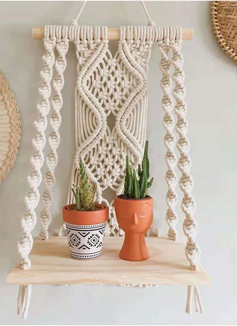 Wall Hanging Shelf Boho Decor Wood Floating Shelf for Bedroom Living Room Nursery Bathroom, Handmade Woven Rope Storage Rack for Photo Frames Plant Display