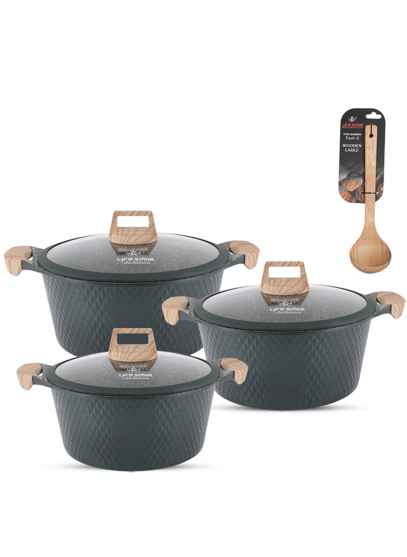 LIFE SMILE Granite Stone Non-Stick Cooking Set - Multi-Layer Granite Coated Cookware with Induction Base and Bakelite Handles, 100% PFOA-Free Pots (Greenish, 24/28/32CM)