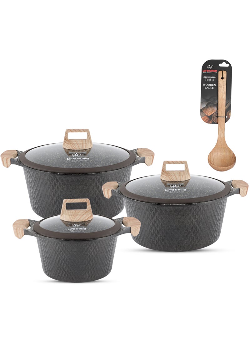 LIFE SMILE Granite Stone Non-Stick Cooking Set - Multi-Layer Granite Coated Cookware with Induction Base and Bakelite Handles, 100% PFOA-Free Pots (Brown, 16/20/24CM)