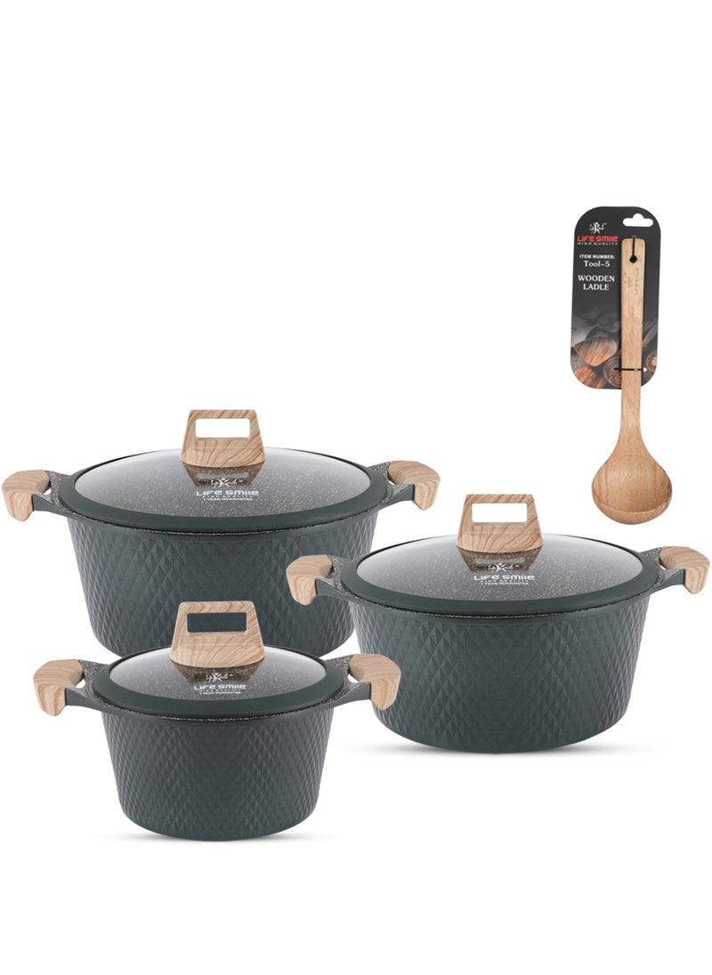 LIFE SMILE Granite Stone Non-Stick Cooking Set - Multi-Layer Granite Coated Cookware with Induction Base and Bakelite Handles, 100% PFOA-Free Pots (Green, 16/20/24CM)