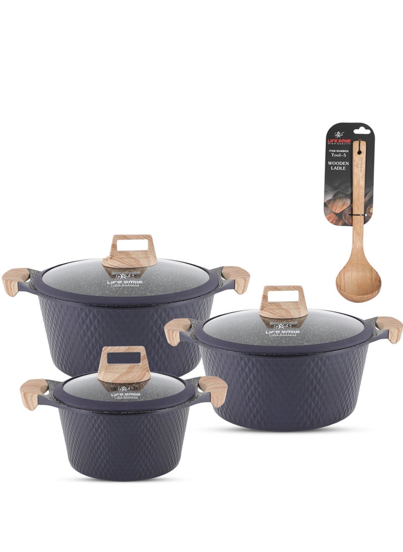 LIFE SMILE Granite Stone Non-Stick Cooking Set - Multi-Layer Granite Coated Cookware with Induction Base and Bakelite Handles, 100% PFOA-Free Pots (Purple, 16/20/24CM)