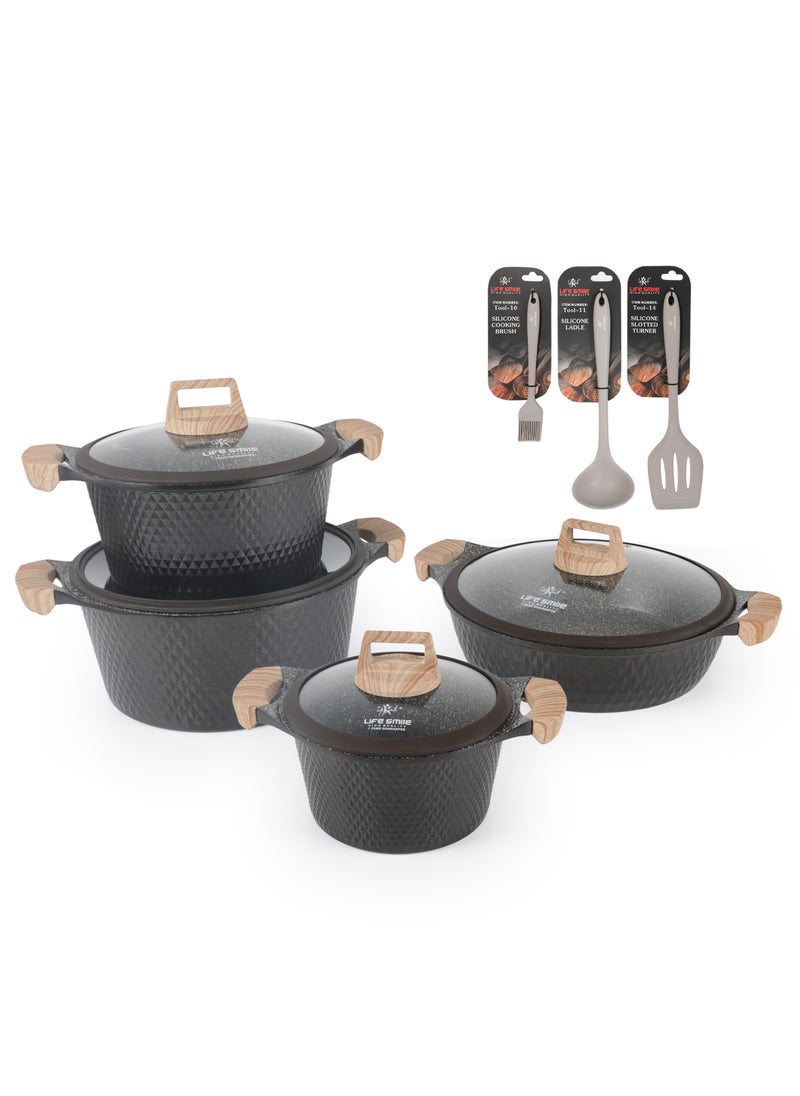 Cookware Set 11 pieces - LIFE SMILE Pots and Pans set Granite Non Stick Coating 100% PFOA FREE, Induction Base Cooking Set include Casseroles & Shallow Pot & Silicone Utensils (Brown)