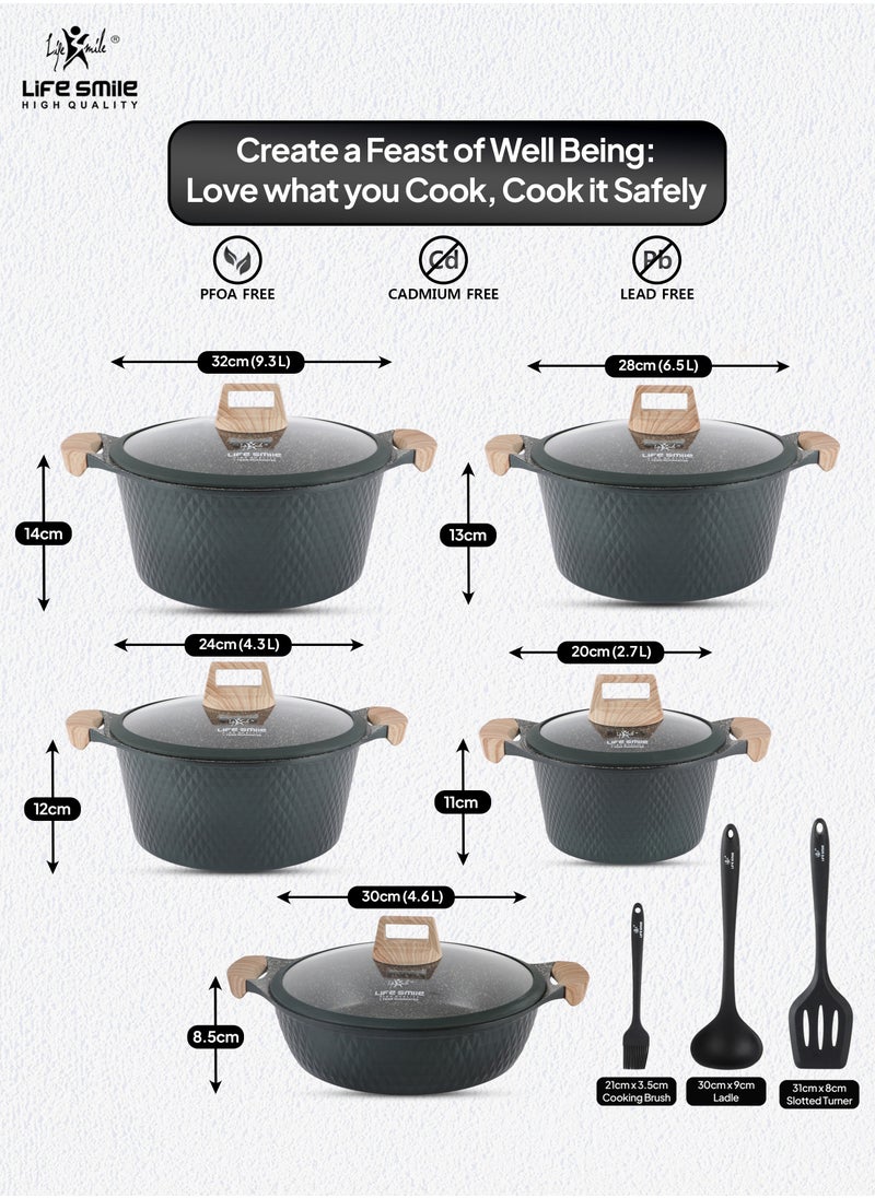 Cookware Set 13 pieces - LIFE SMILE Pots and Pans set Granite Non Stick Coating 100% PFOA FREE, Induction Base Cooking Set include Casseroles & Shallow Pot & Silicone Utensils