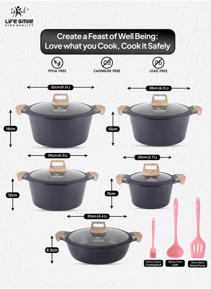 Cookware Set 13 pieces - LIFE SMILE Pots and Pans set Granite Non Stick Coating 100% PFOA FREE, Induction Base Cooking Set include Casseroles & Shallow Pot & Silicone Utensils