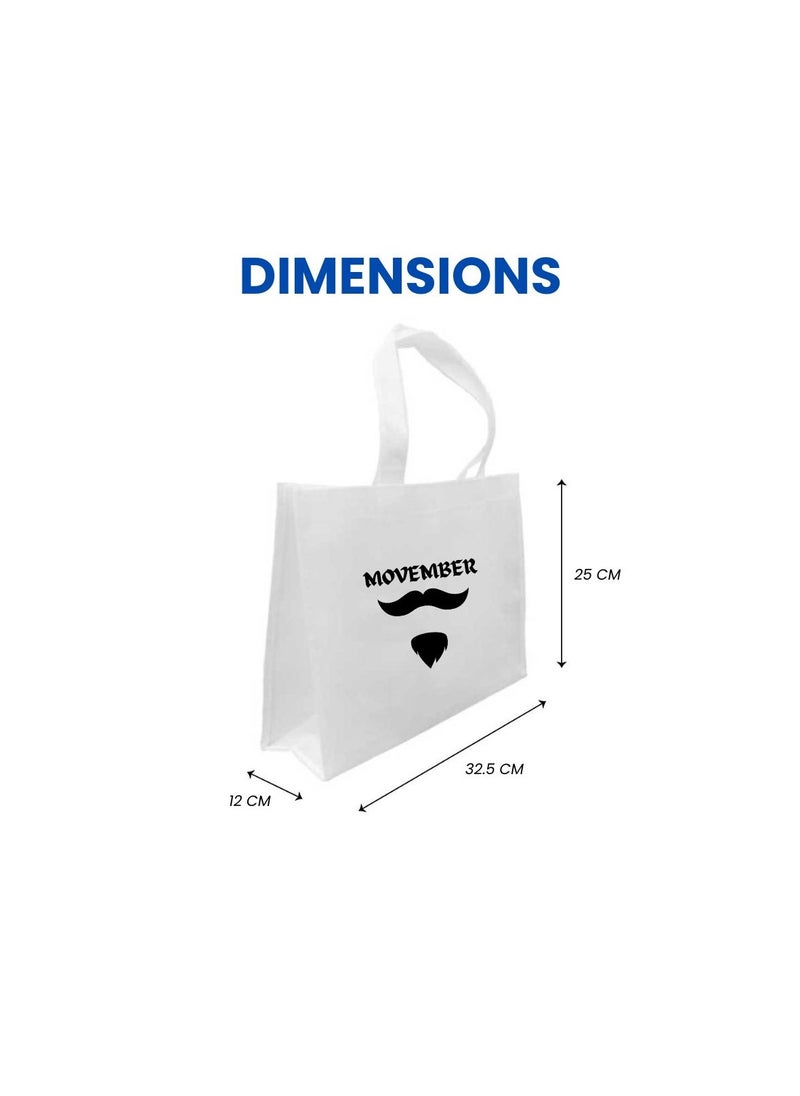 Movember A4 Non-Woven Reusable White Tote Bag With Stylish Mustache Design–Eco-Friendly,Durable And Lightweight Ideal For Movember Awareness Campaigns