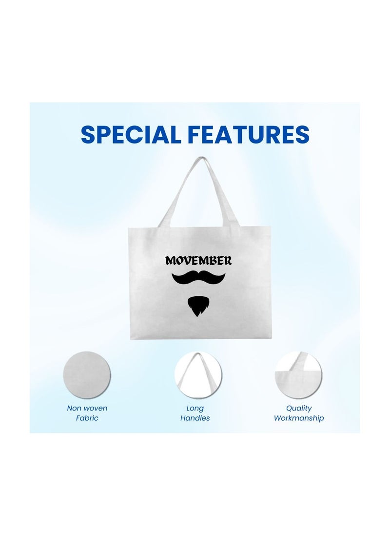 Movember A4 Non-Woven Reusable White Tote Bag With Stylish Mustache Design–Eco-Friendly,Durable And Lightweight Ideal For Movember Awareness Campaigns