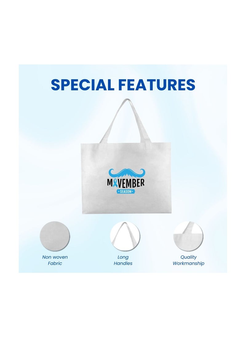 Movember A4 Non-Woven Reusable White Tote Bag With Stylish Mustache Design–Eco-Friendly,Durable And Lightweight Ideal For Movember Awareness Campaigns